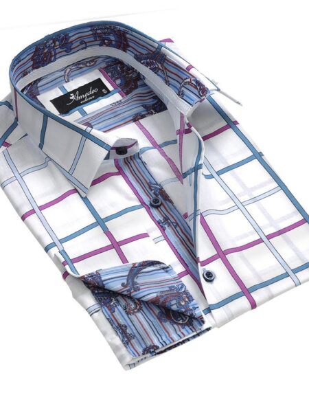 White Pink Blue Check Mens Slim Fit French Cuff Dress Shirts with Cufflink Holes - Casual and Formal - Amedeo Exclusive
