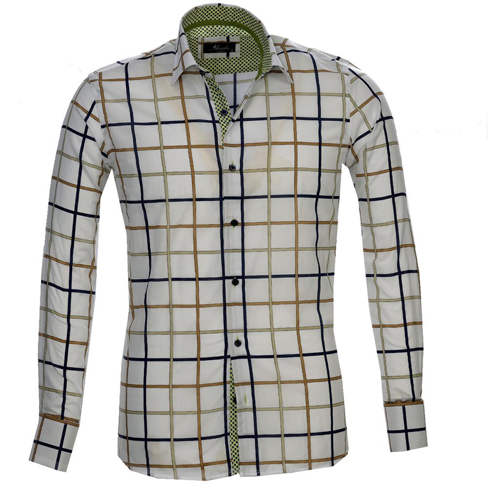 White Blue Green Check Mens Slim Fit Designer Dress Shirt - tailored Cotton Shirts for Work and Casual Wear - Amedeo Exclusive