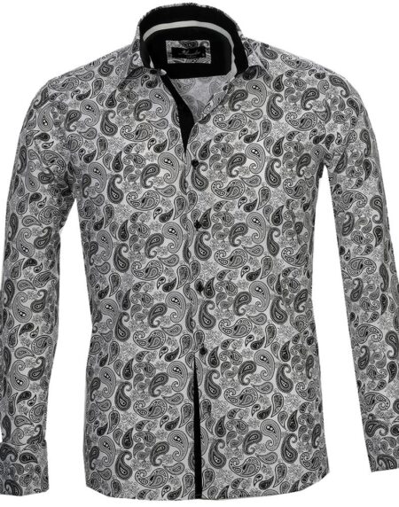 White Black Paisley Mens Slim Fit Designer Dress Shirt - tailored Cotton Shirts for Work and Casual Wear - Amedeo Exclusive