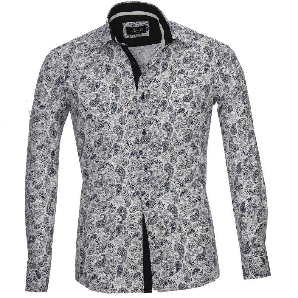 White Blue Paisley Mens Slim Fit Designer Dress Shirt - tailored Cotton Shirts for Work and Casual Wear - Amedeo Exclusive