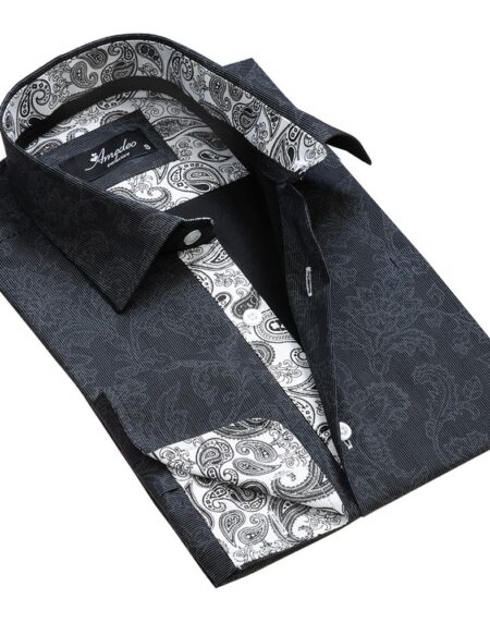 Black Grey Floral Mens Slim Fit French Cuff Dress Shirts with Cufflink Holes - Casual and Formal - Amedeo Exclusive