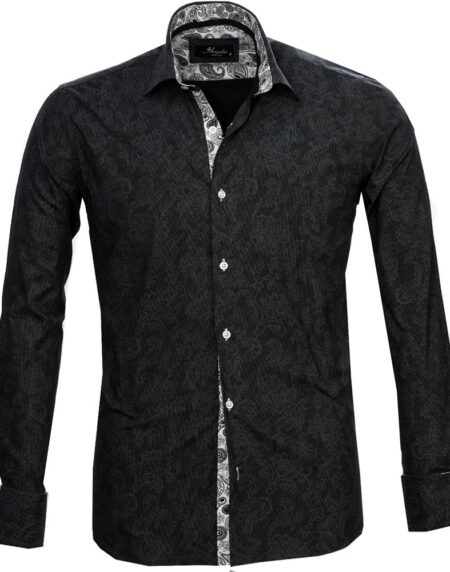 Black Grey Floral Mens Slim Fit French Cuff Dress Shirts with Cufflink Holes - Casual and Formal - Amedeo Exclusive