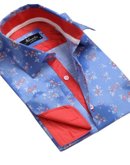 Blue Floral Mens Slim Fit French Cuff Dress Shirts with Cufflink Holes - Casual and Formal - Amedeo Exclusive