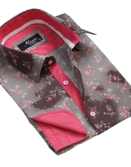 Brown Floral Sheen Mens Slim Fit French Cuff Dress Shirts with Cufflink Holes - Casual and Formal - Amedeo Exclusive