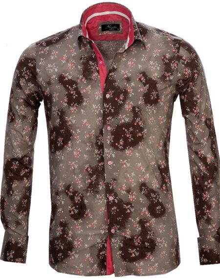 Brown Floral Sheen Mens Slim Fit French Cuff Dress Shirts with Cufflink Holes - Casual and Formal - Amedeo Exclusive