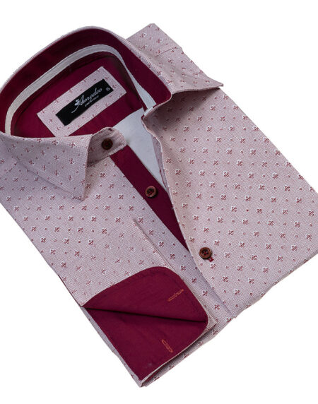 Burgandy And White Polka Dots Mens Slim Fit Designer Dress Shirt - tailored Cotton Shirts for Work and Casual Wear - Amedeo Exclusive