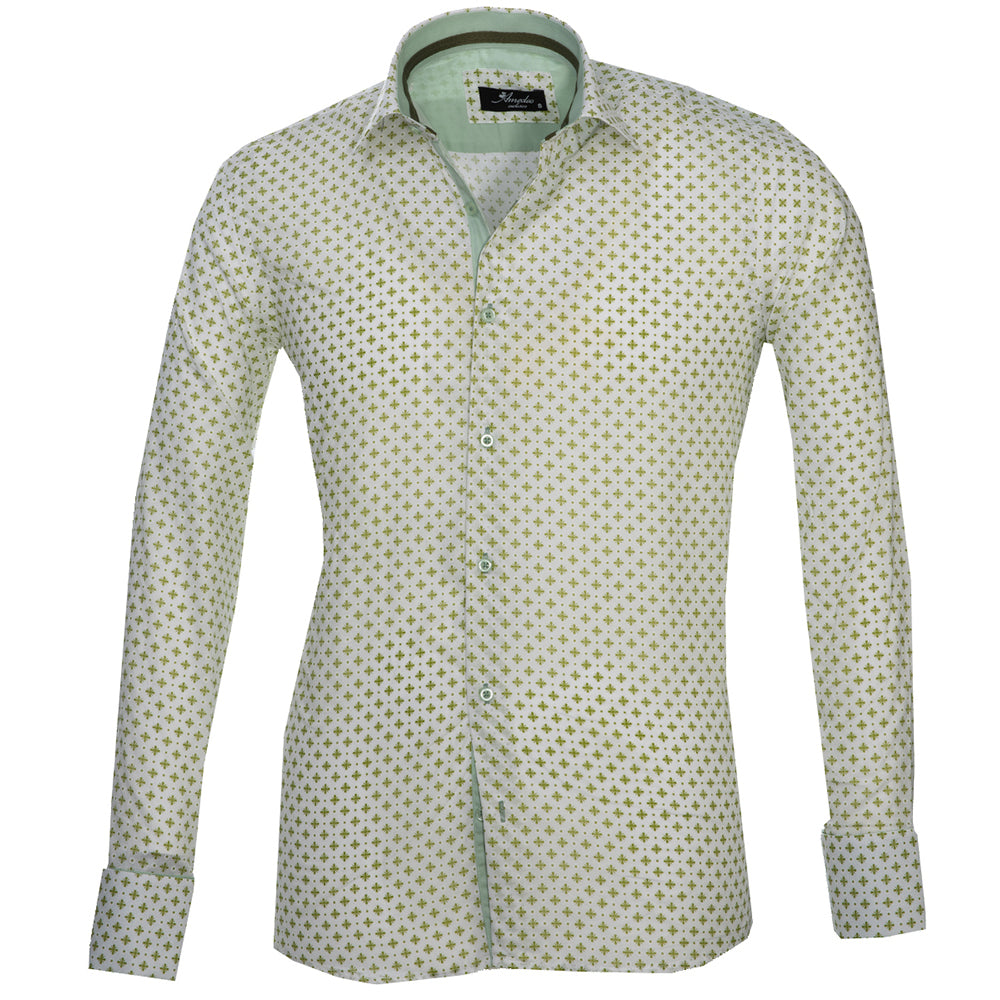 Light Green with Pattern Mens Slim Fit French Cuff Dress Shirts with Cufflink Holes - Casual and Formal - Amedeo Exclusive