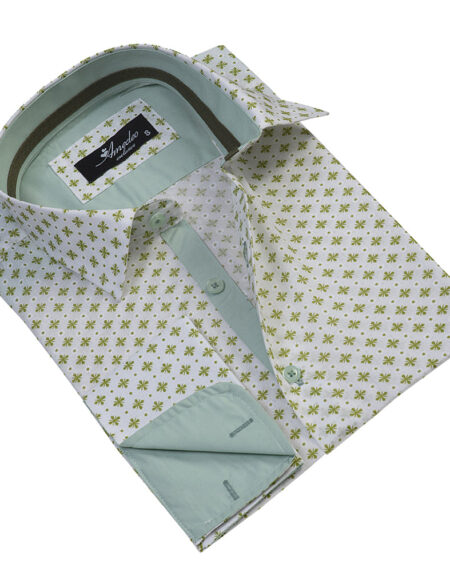 Light Green with Pattern Mens Slim Fit French Cuff Dress Shirts with Cufflink Holes - Casual and Formal - Amedeo Exclusive