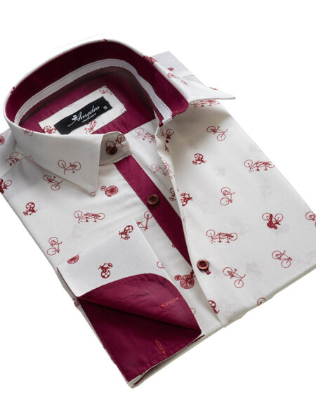 White with Burgandy Bicycles Mens Slim Fit French Cuff Dress Shirts with Cufflink Holes - Casual and Formal - Amedeo Exclusive