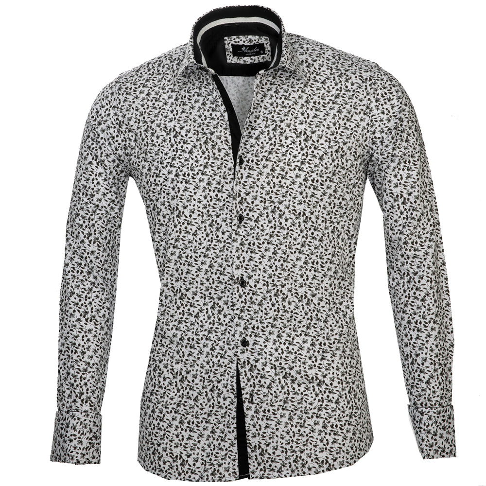 Dark Grey Floral Mens Slim Fit French Cuff Dress Shirts with Cufflink Holes - Casual and Formal - Amedeo Exclusive