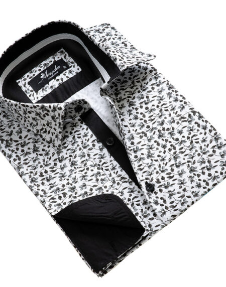 Dark Grey Floral Mens Slim Fit French Cuff Dress Shirts with Cufflink Holes - Casual and Formal - Amedeo Exclusive