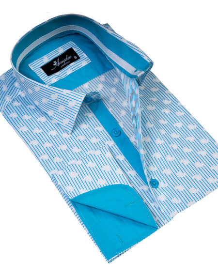 White & Blue Lines with Paisley Mens Slim Fit Designer Dress Shirt - tailored Cotton Shirts for Work and Casual Wear - Amedeo Exclusive