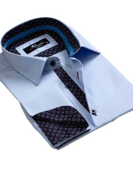 Light Blue with Navy Blue Mens Slim Fit French Cuff Dress Shirts with Cufflink Holes - Casual and Formal - Amedeo Exclusive