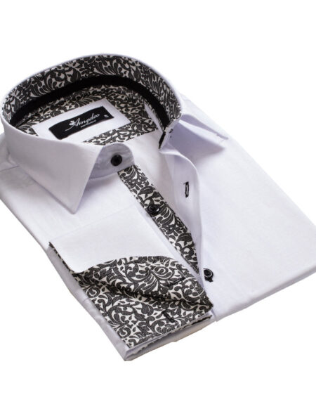 White with Black Paisley Mens Slim Fit French Cuff Dress Shirts with Cufflink Holes - Casual and Formal - Amedeo Exclusive