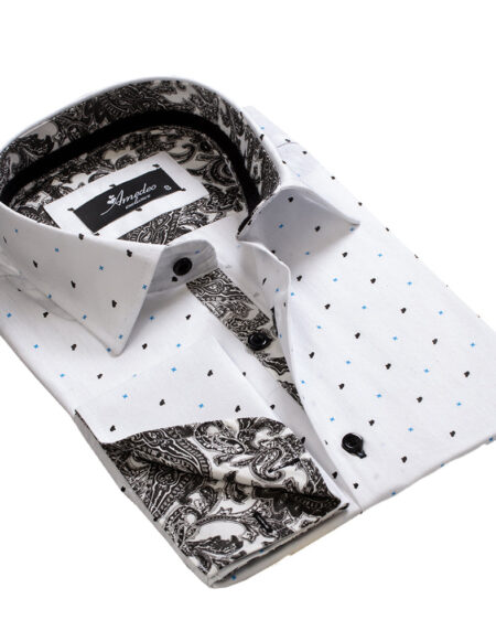 White with Black Paisley Mens Slim Fit French Cuff Dress Shirts with Cufflink Holes - Casual and Formal - Amedeo Exclusive