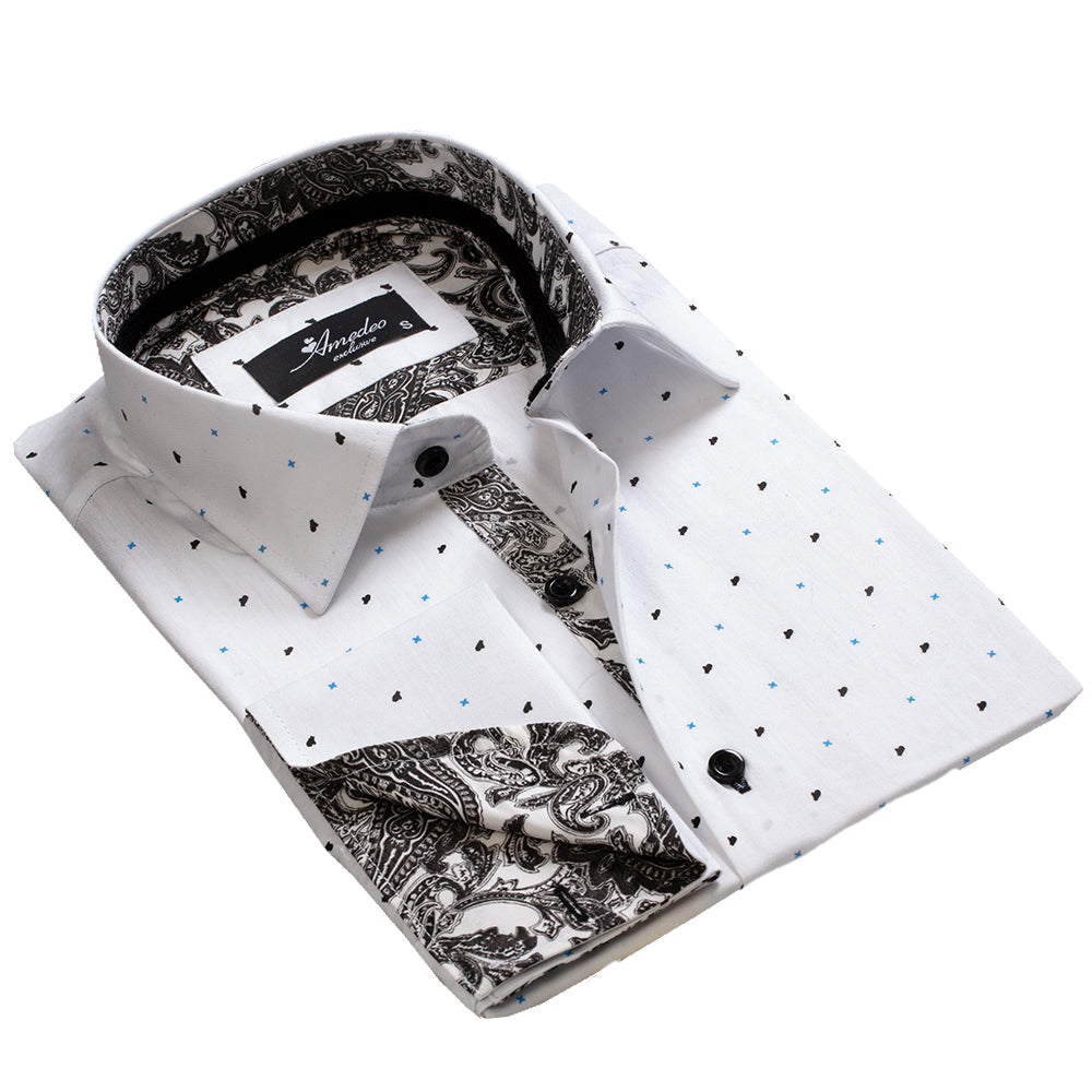 White with Black Paisley Mens Slim Fit French Cuff Dress Shirts with Cufflink Holes - Casual and Formal - Amedeo Exclusive