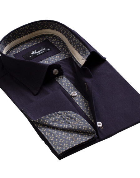 Navy Blue with Pattern Mens Slim Fit French Cuff Dress Shirts with Cufflink Holes - Casual and Formal - Amedeo Exclusive