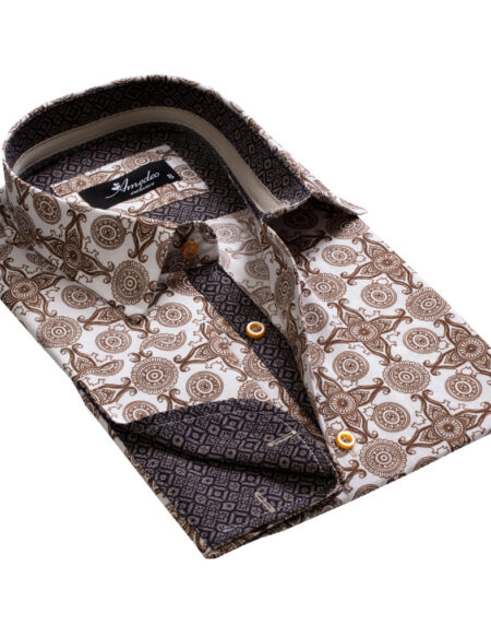 White and Brown Design Mens Slim Fit Designer Dress Shirt - tailored Cotton Shirts for Work and - Amedeo Exclusive