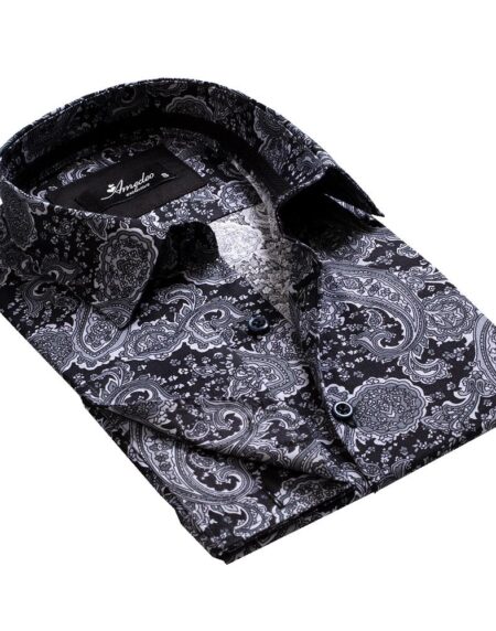 Black Grey Paisley Mens Slim Fit French Cuff Dress Shirts with Cufflink Holes - Casual and Formal - Amedeo Exclusive