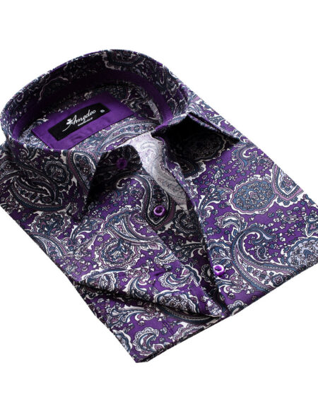 Purple Paisley Design Mens Slim Fit French Cuff Dress Shirts with Cufflink Holes - Casual and Formal - Amedeo Exclusive