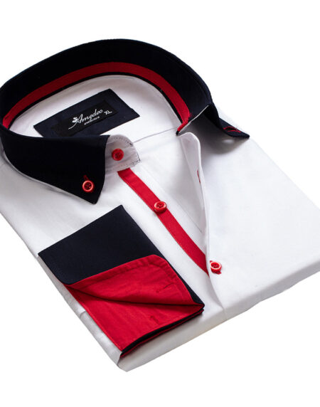 White Navy Blue Red Design Mens Slim Fit Designer Dress Shirt - tailored Cotton Shirts for Work - Amedeo Exclusive