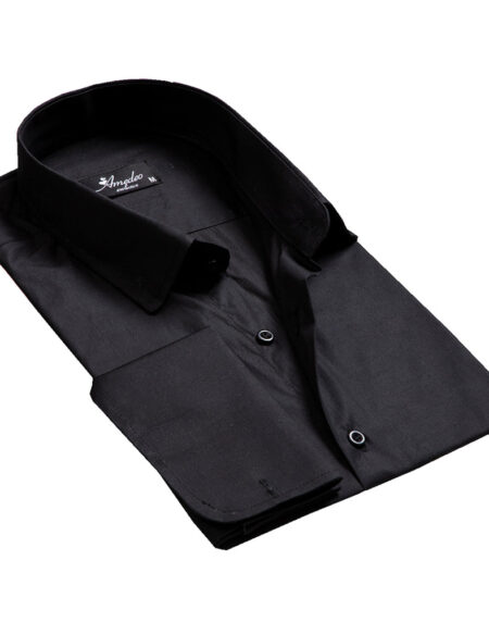 Solid Black Mens Slim Fit French Cuff Dress Shirts with Cufflink Holes - Casual and Formal - Amedeo Exclusive