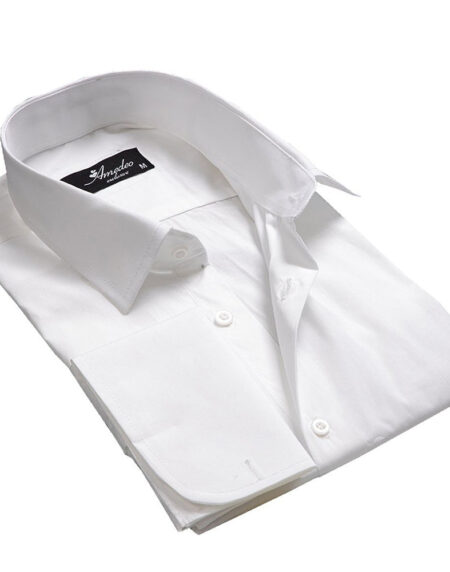 Medium Solid White Mens Slim Fit French Cuff Dress Shirts with Cufflink Holes - Casual and Formal - Amedeo Exclusive