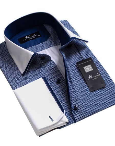 Blue and White Mens Slim Fit French Cuff Dress Shirts with Cufflink Holes - Casual and Formal - Amedeo Exclusive