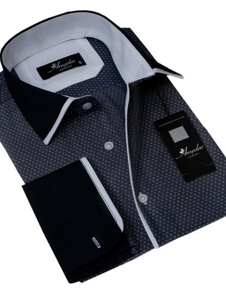 Charcoal Black Mens Slim Fit French Cuff Dress Shirts with Cufflink Holes - Casual and Formal - Amedeo Exclusive