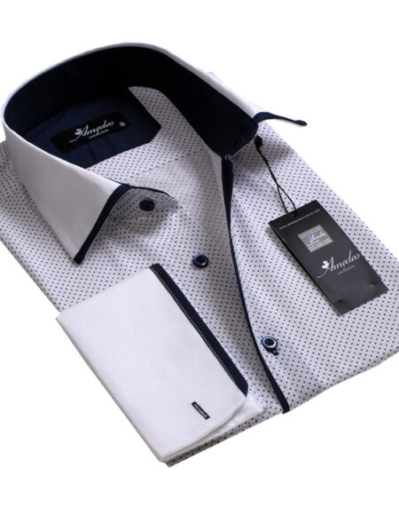 White with Navy Dots Mens Slim Fit French Cuff Dress Shirts with Cufflink Holes - Casual and Formal - Amedeo Exclusive