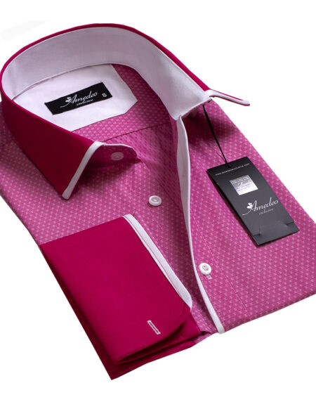 Light Red with Dark Red Mens Slim Fit French Cuff Dress Shirts with Cufflink Holes - Casual and Formal - Amedeo Exclusive
