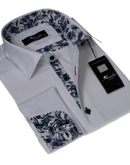 White Floral Design Mens Slim Fit Designer Dress Shirt - tailored Cotton Shirts for Work and Casual Wear - Amedeo Exclusive