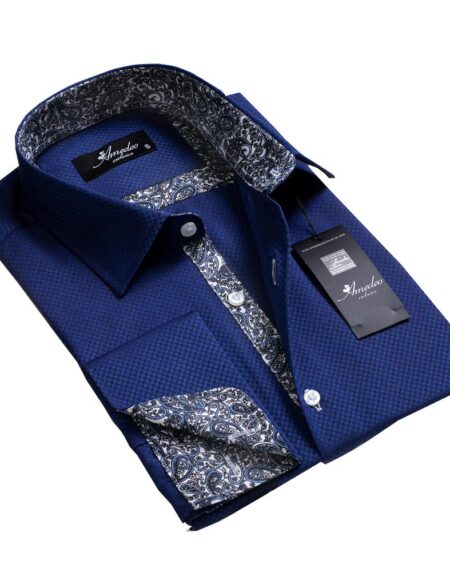 Blue Black Squares Mens Slim Fit French Cuff Dress Shirts with Cufflink Holes - Casual and Formal - Amedeo Exclusive