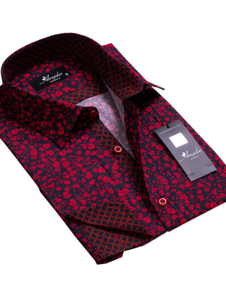 Navy Blue Red Design Mens Slim Fit French Cuff Dress Shirts with Cufflink Holes - Casual and Formal - Amedeo Exclusive