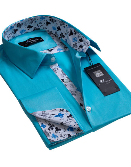 Turquoise Solid Blue Mens Slim Fit Designer Dress Shirt - tailored Cotton Shirts for Work and Casual Wear - Amedeo Exclusive
