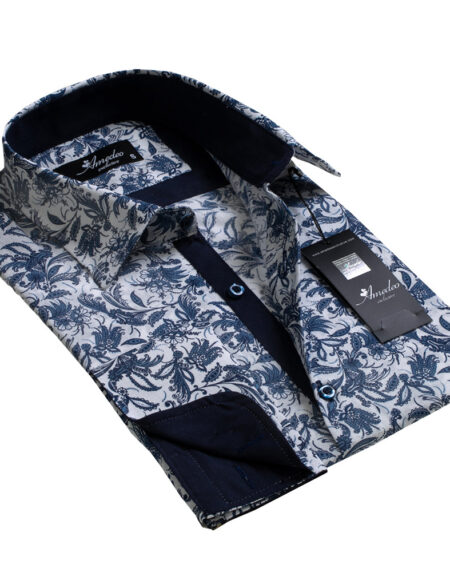 White And Blue with Floral Design Mens Slim Fit Designer Dress Shirt - tailored Cotton Shirts for Work and Casual Wear - Amedeo Exclusive