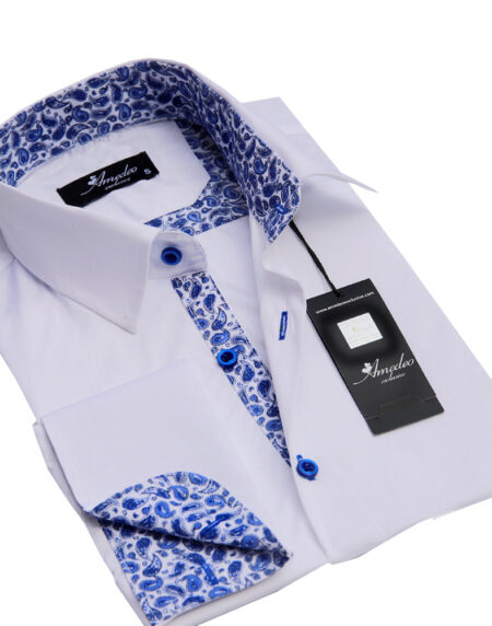 White And Blue Paisley Mens Slim Fit Designer Dress Shirt - tailored Cotton Shirts for Work and Casual Wear - Amedeo Exclusive