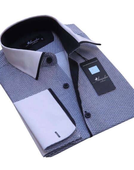 Blue And White Mens Slim Fit French Cuff Dress Shirts with Cufflink Holes - Casual and Formal - Amedeo Exclusive
