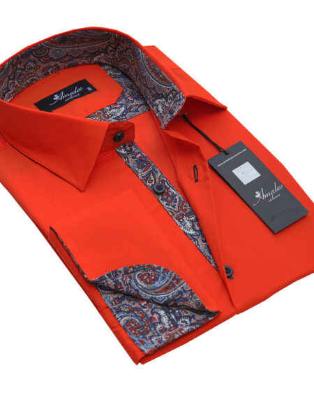 Neon Orange Paisley Mens Slim Fit French Cuff Dress Shirts with Cufflink Holes - Casual and Formal - Amedeo Exclusive