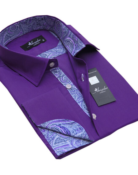 Dark Purple Mens Slim Fit French Cuff Dress Shirts with Cufflink Holes - Casual and Formal - Amedeo Exclusive