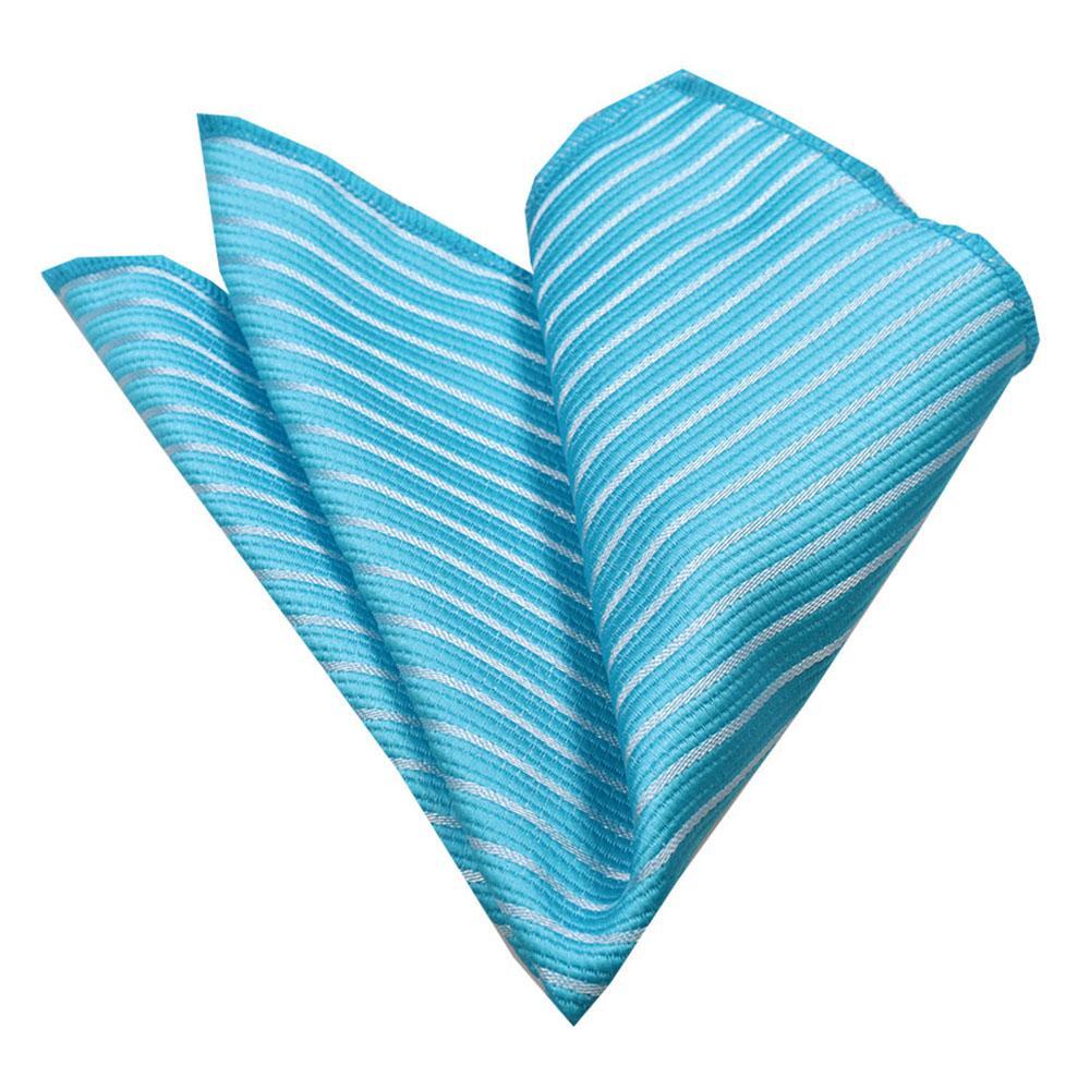 Men's Turquoise Blue White Lines Pocket Square Hanky Handkerchief - Amedeo Exclusive