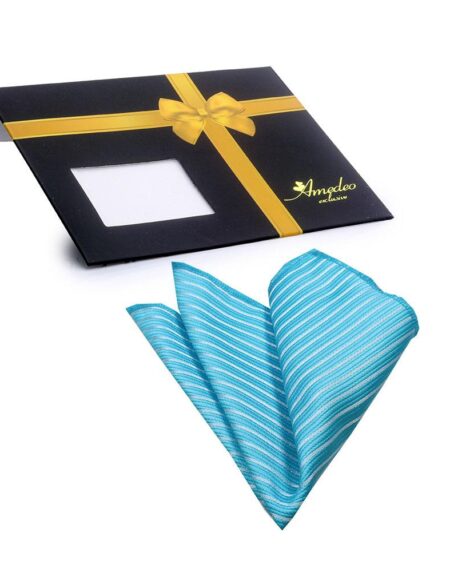 Men's Turquoise Blue White Lines Pocket Square Hanky Handkerchief - Amedeo Exclusive