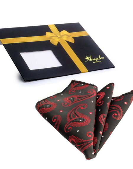 Men's Black Red Paisley Pocket Square Hanky Handkerchief - Amedeo Exclusive