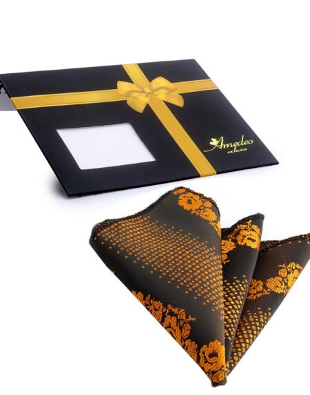 Men's Dark Brown Orange Flowers Pocket Square Hanky Handkerchief - Amedeo Exclusive