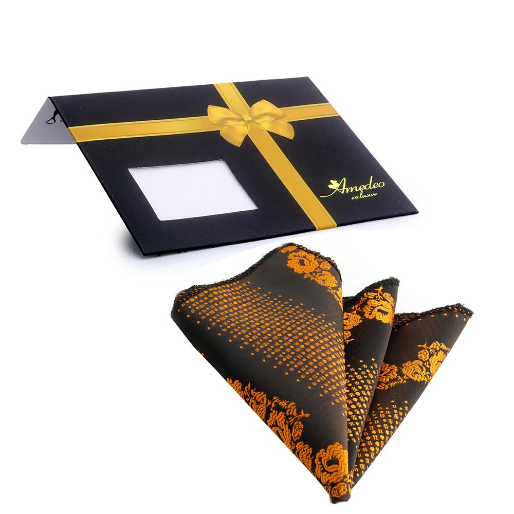 Men's Dark Brown Orange Flowers Pocket Square Hanky Handkerchief - Amedeo Exclusive