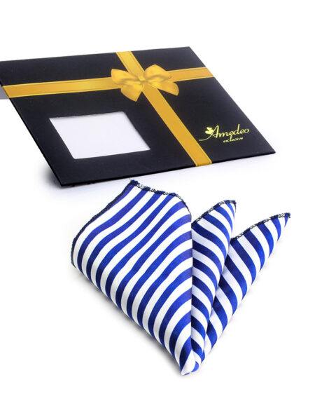 Men's White Blue Lines Pocket Square Hanky Handkerchief - Amedeo Exclusive