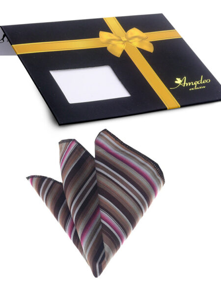 Men's Pink Brown White Stripes Pocket Square Hanky Handkerchief - Amedeo Exclusive