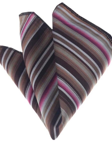 Men's Pink Brown White Stripes Pocket Square Hanky Handkerchief - Amedeo Exclusive