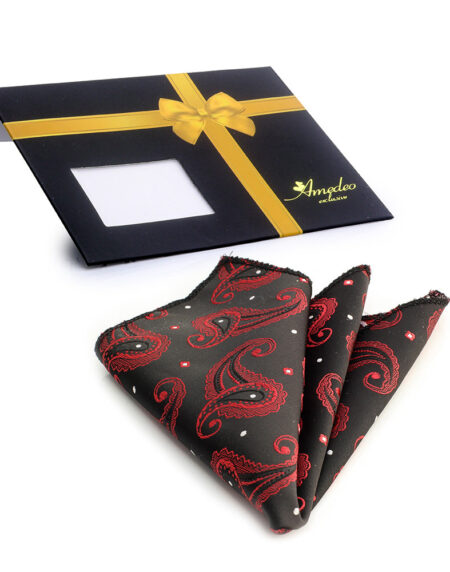 Men's Red Black Paisley Pocket Square Hanky Handkerchief - Amedeo Exclusive