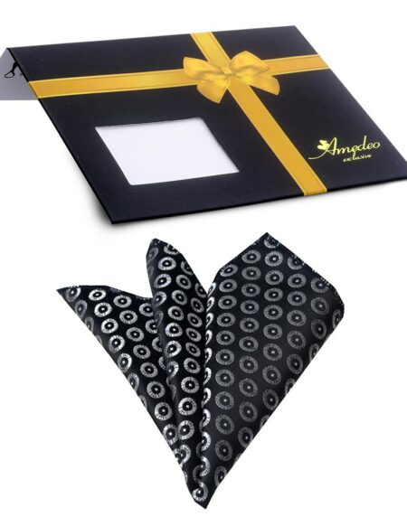 Men's Black Silver Circles Pocket Square Hanky Handkerchief - Amedeo Exclusive